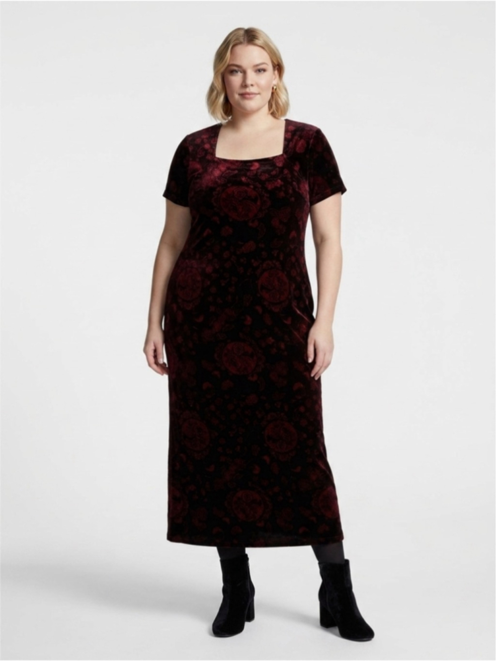 Sheri Martin Velvet Maxi Dress in Deep Burgundy Floral